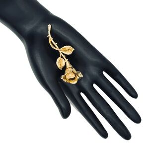 Vintage Gold Tone Rose Brooch, Large 3.25" Long Stem Rose Pin